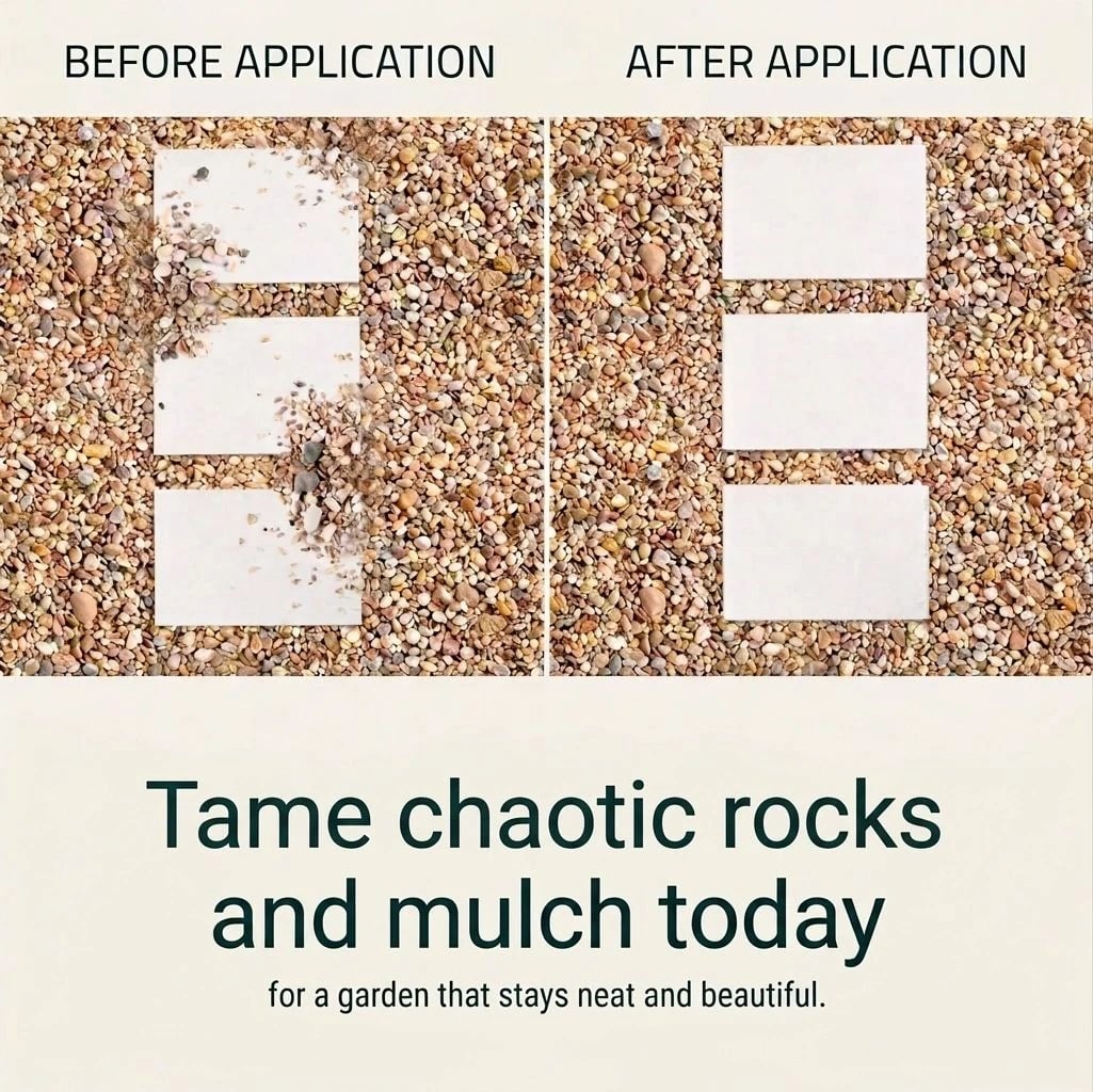 Before and after of rock and mulch glue on a garden bed